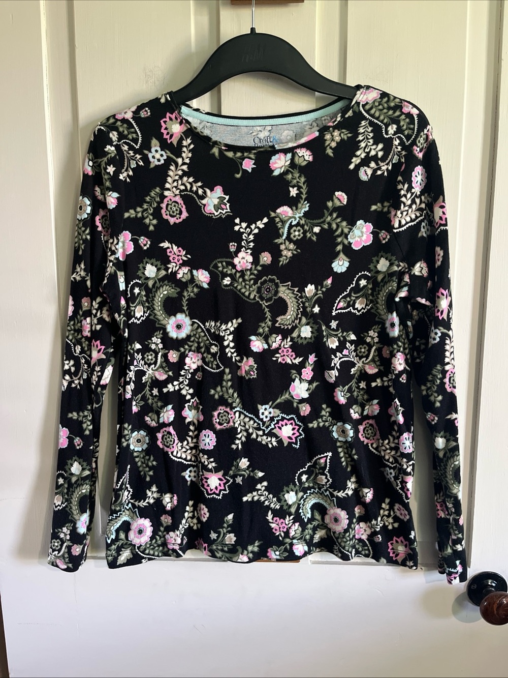 croft & barrow Black Long-Sleeve Floral Top with Pink and Green Accents